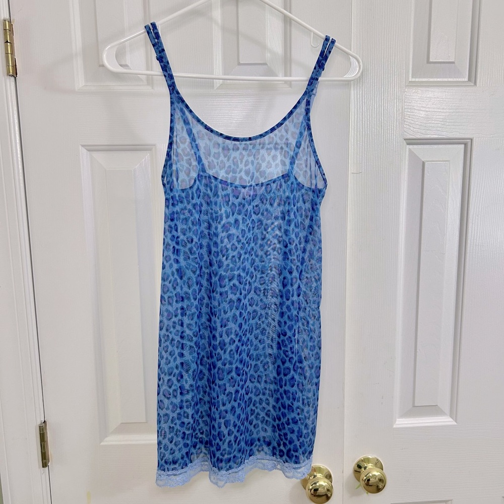 Victoria's Secret Y2K 90s Blue Leopard Print Lace Trim Slip Lingerie Dress Small